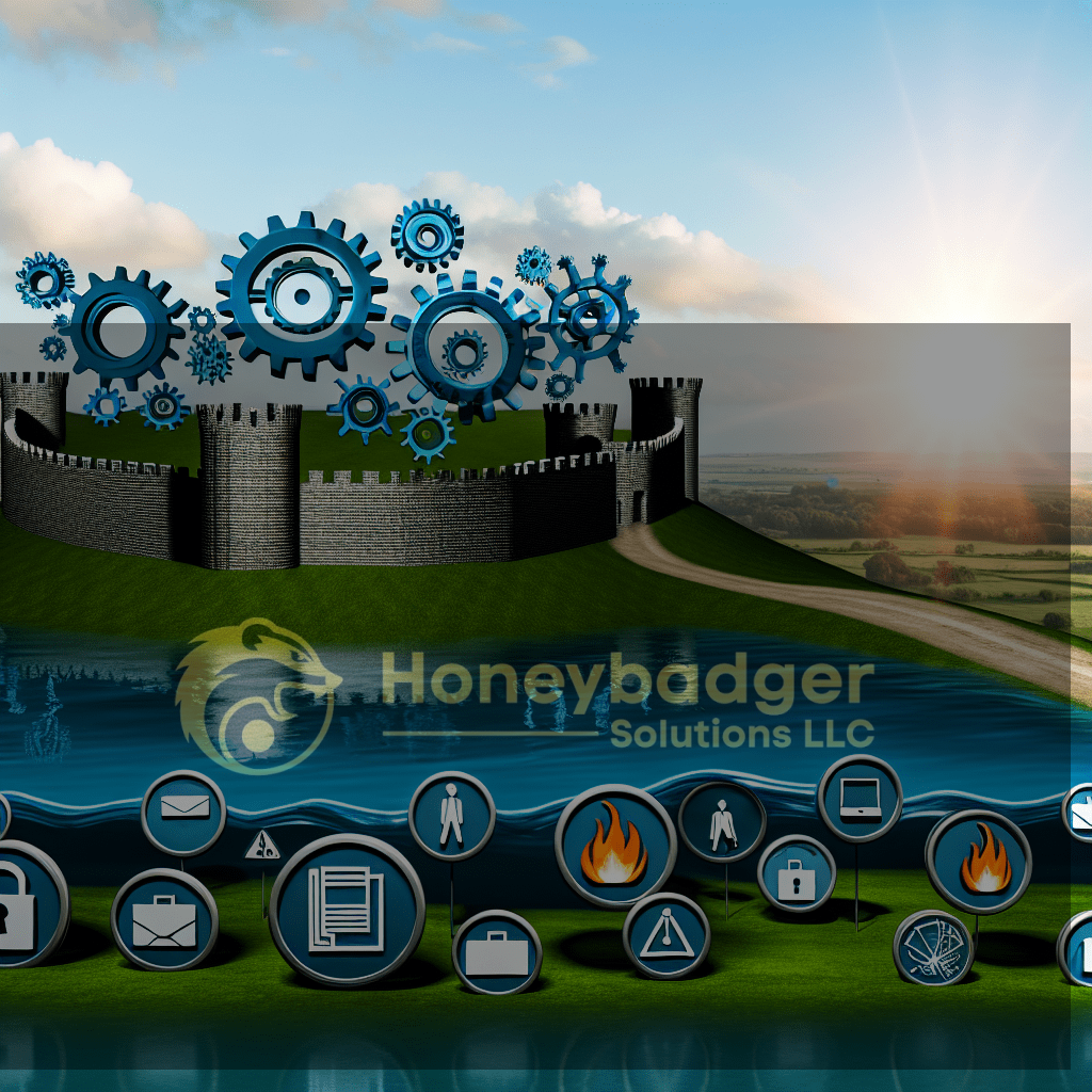 An illustration of a castle surrounded by gears and various icons representing different concepts.