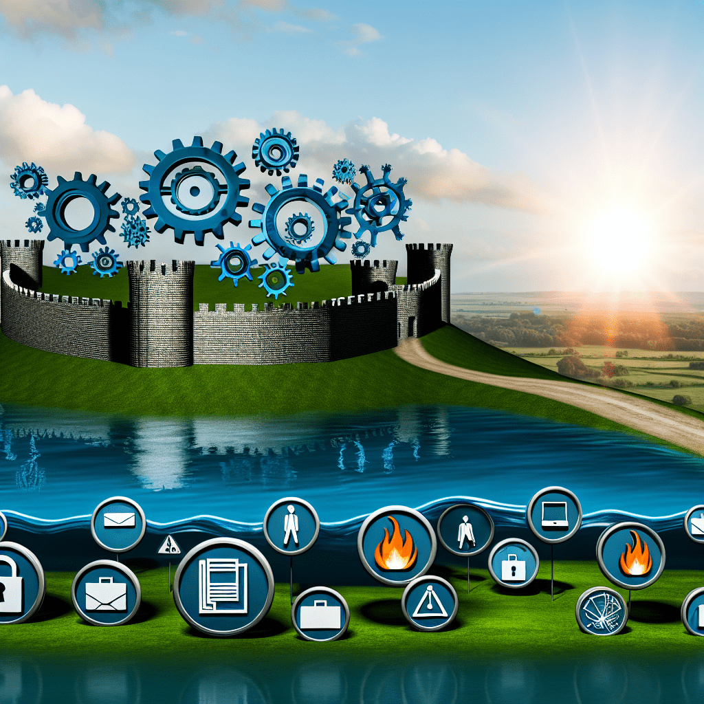 An illustration of a castle surrounded by gears and various icons representing different concepts.