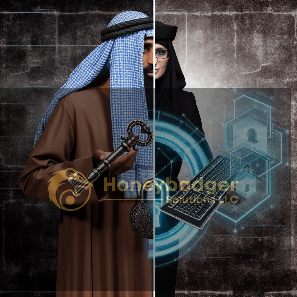 A man in traditional attire holding a key alongside a woman in business attire with a keyboard and digital elements.