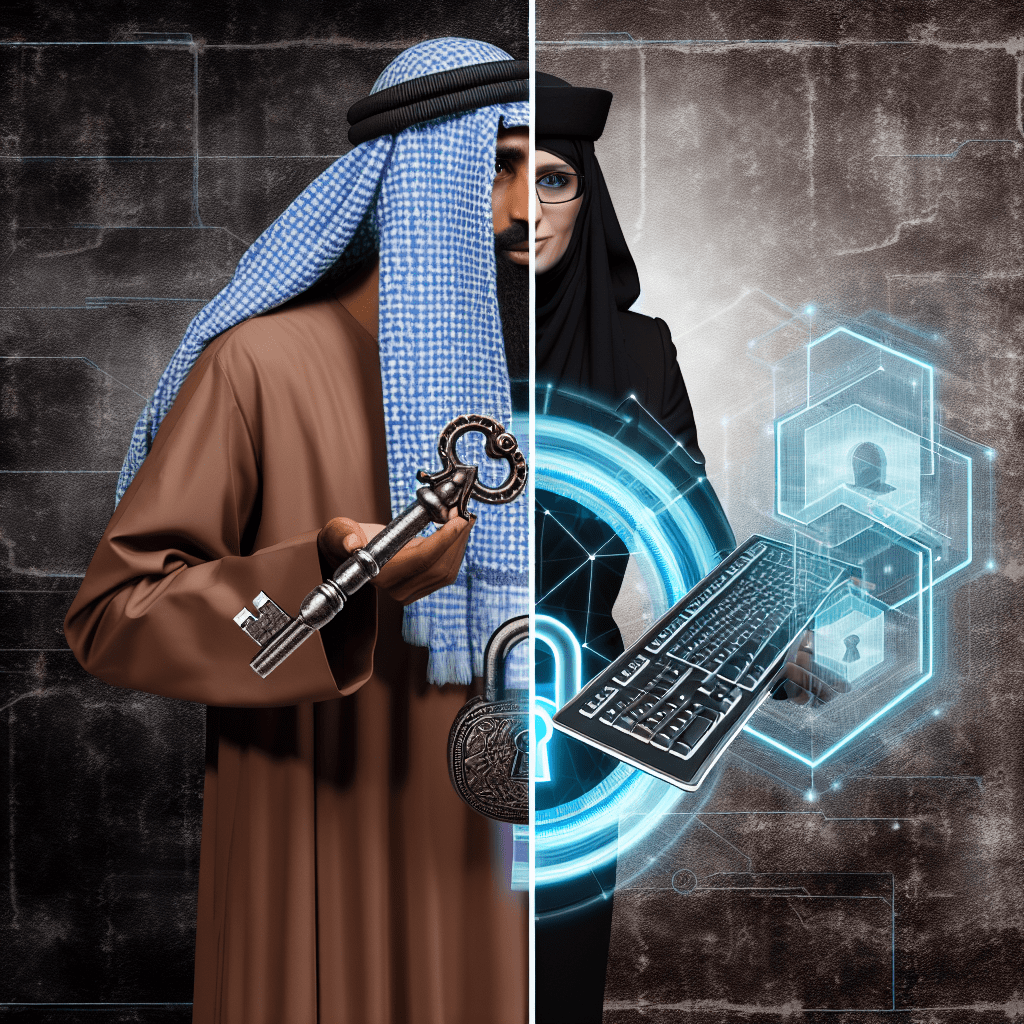 A man in traditional attire holding a key alongside a woman in business attire with a keyboard and digital elements.