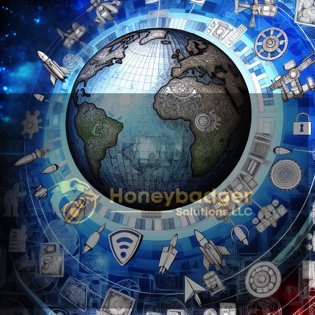 Artistic representation of a globe surrounded by various technological icons and symbols.