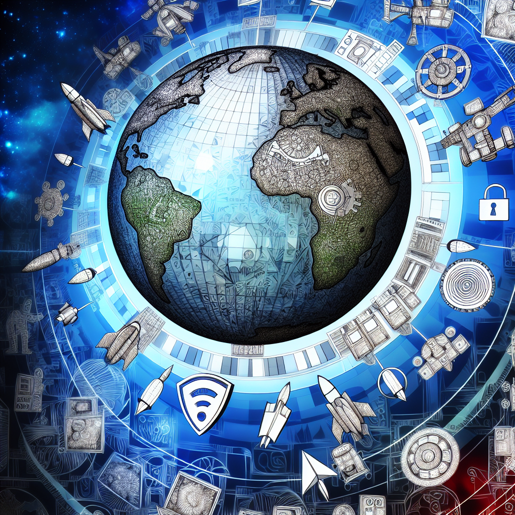 Artistic representation of a globe surrounded by various technological icons and symbols.