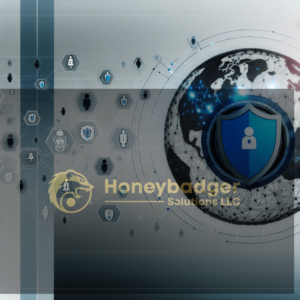 Digital security concept featuring a shield icon over a globe with network connections and user icons.