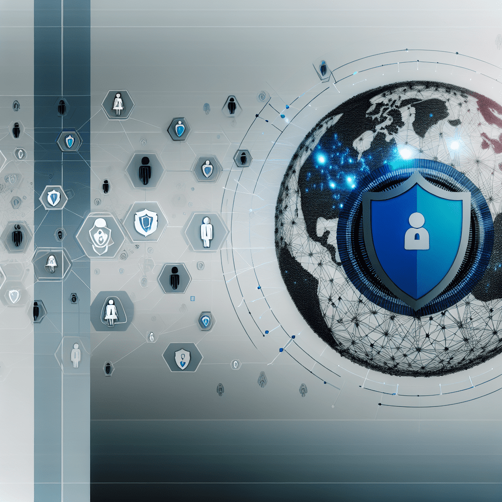 Digital security concept featuring a shield icon over a globe with network connections and user icons.
