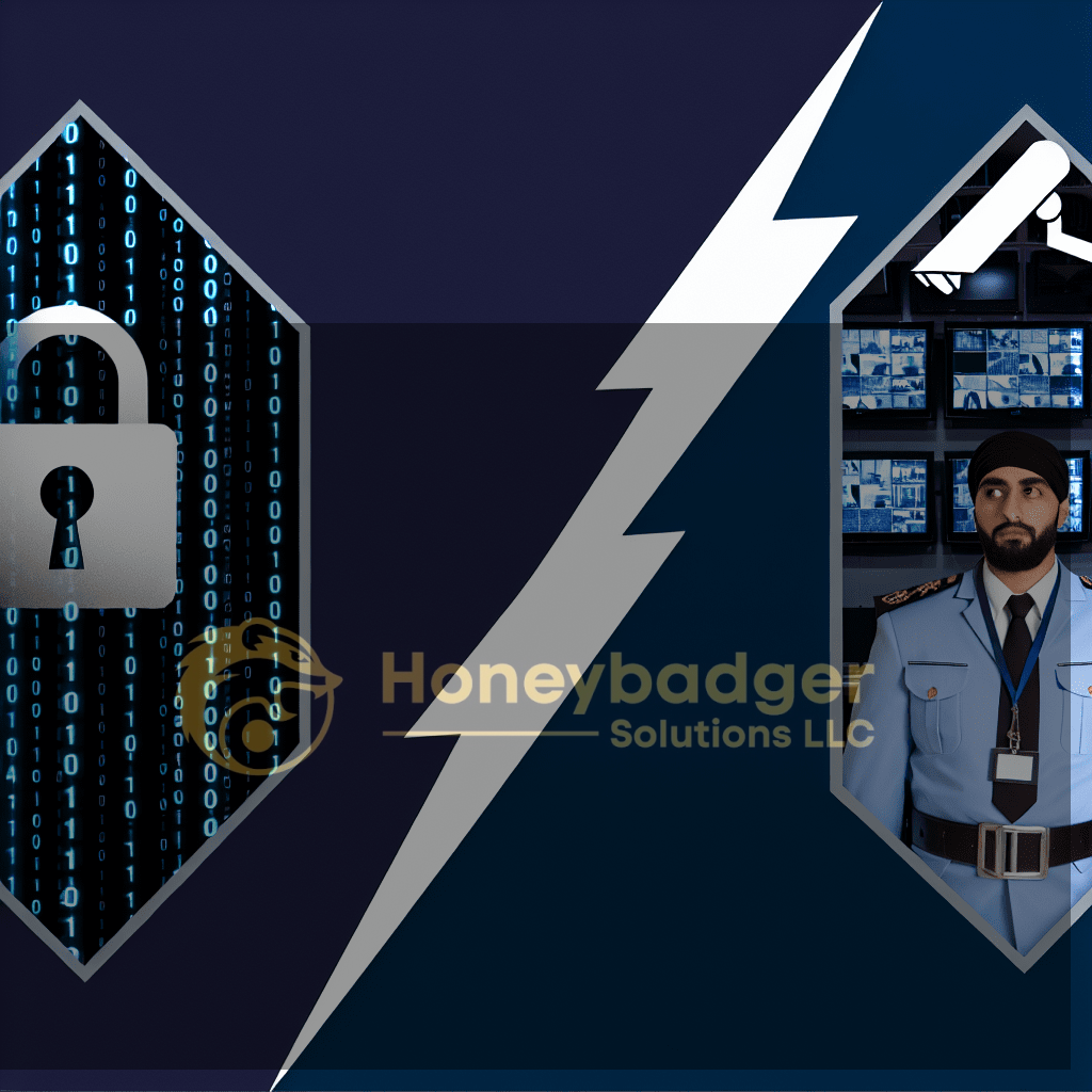 Graphic representation of a security concept featuring a padlock and a security guard with surveillance cameras.
