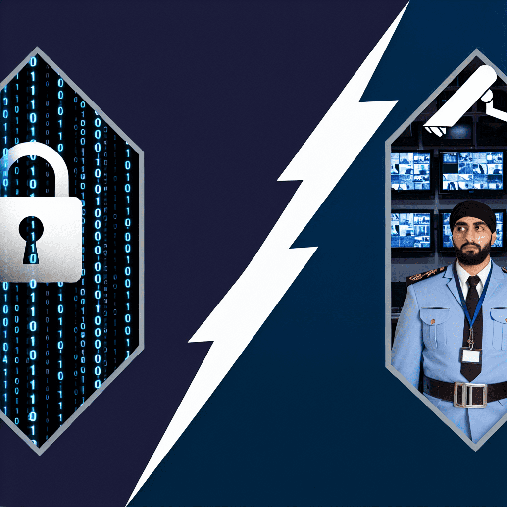 Graphic representation of a security concept featuring a padlock and a security guard with surveillance cameras.