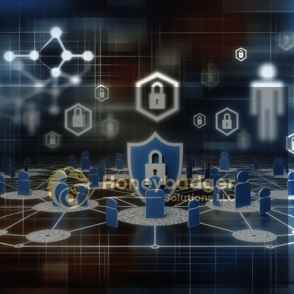 Illustration of a digital security network with icons representing locks and user figures connected by lines.