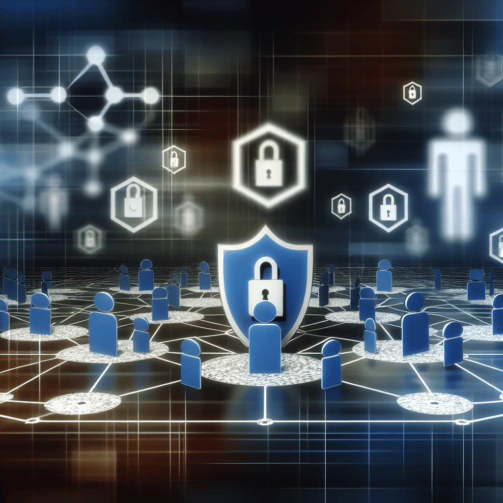 Illustration of a digital security network with icons representing locks and user figures connected by lines.