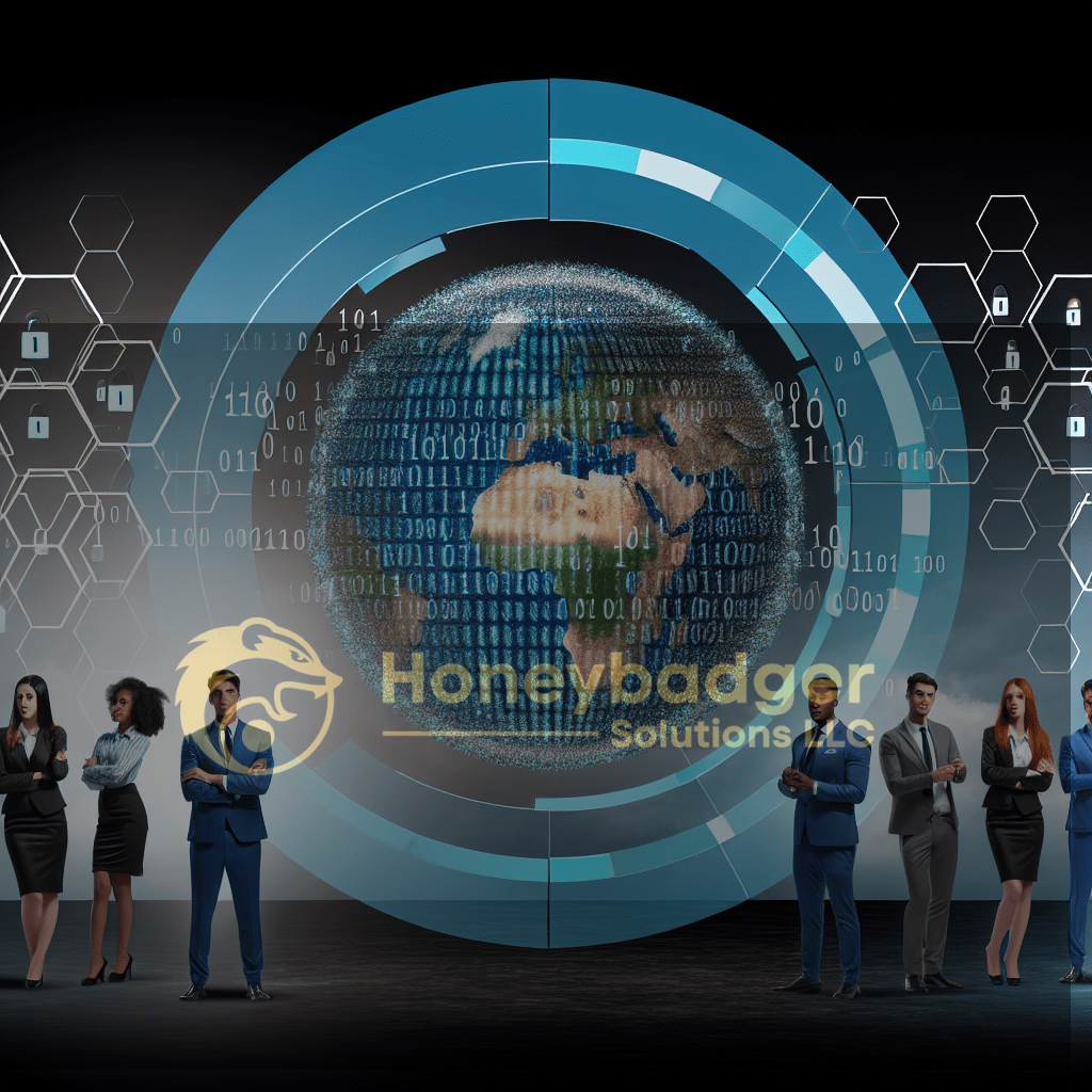 A digital globe surrounded by business professionals in formal attire, representing global connectivity and technology.