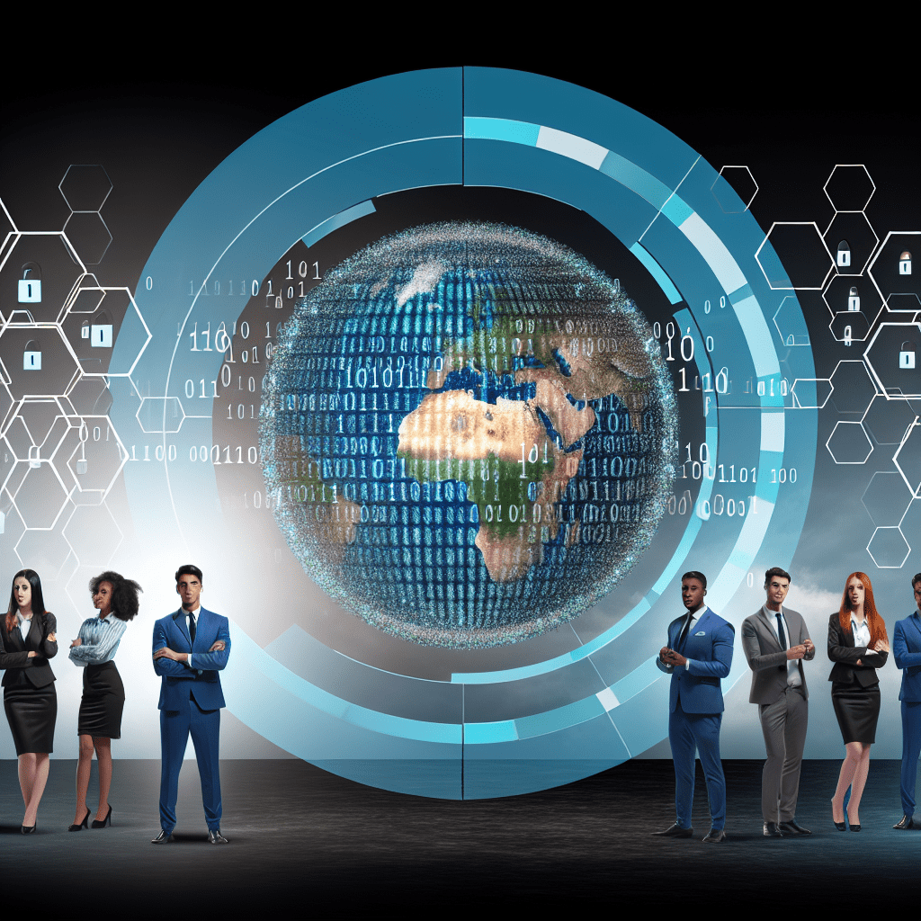 A digital globe surrounded by business professionals in formal attire, representing global connectivity and technology.