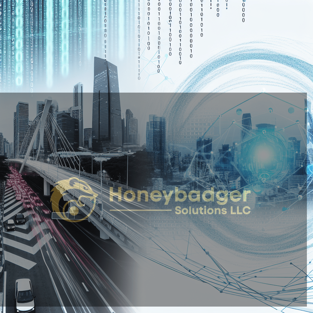 A cityscape featuring a bridge and skyscrapers combined with digital data elements and graphics.