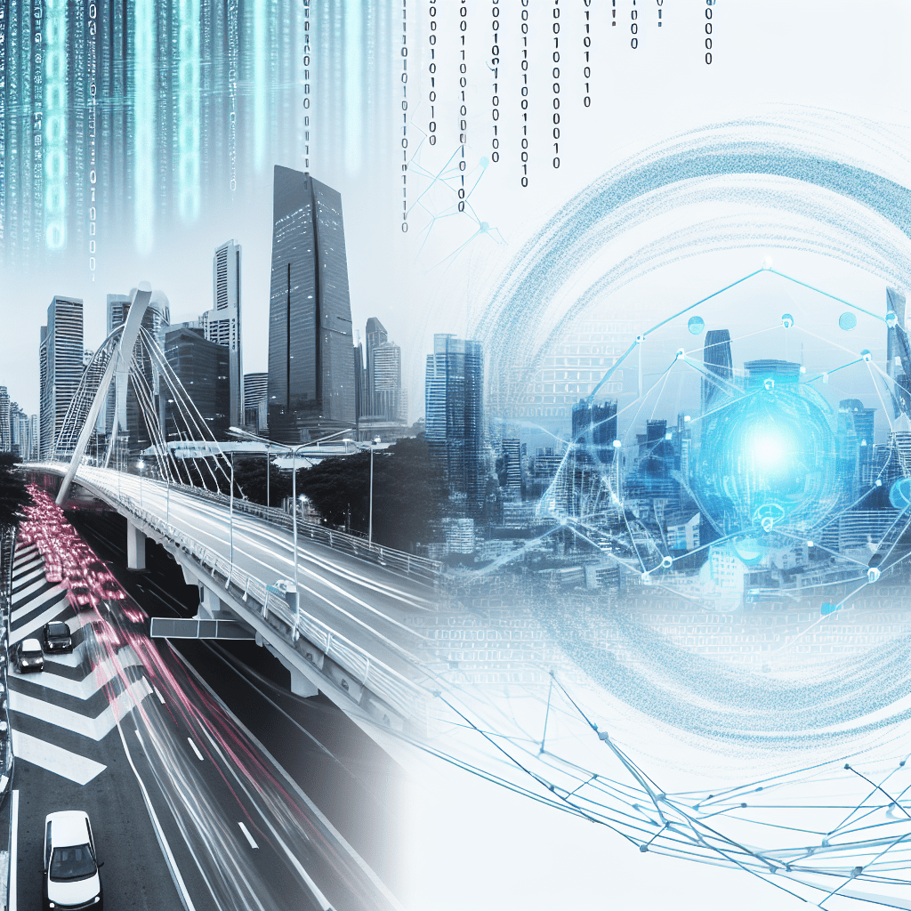 A cityscape featuring a bridge and skyscrapers combined with digital data elements and graphics.