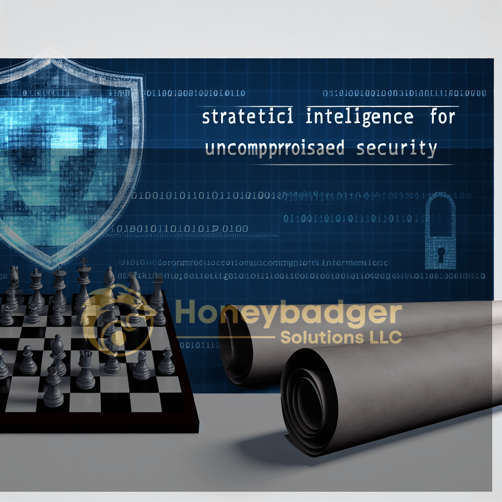 A chessboard with silver pieces next to rolled parchment scrolls and a digital security-themed background.