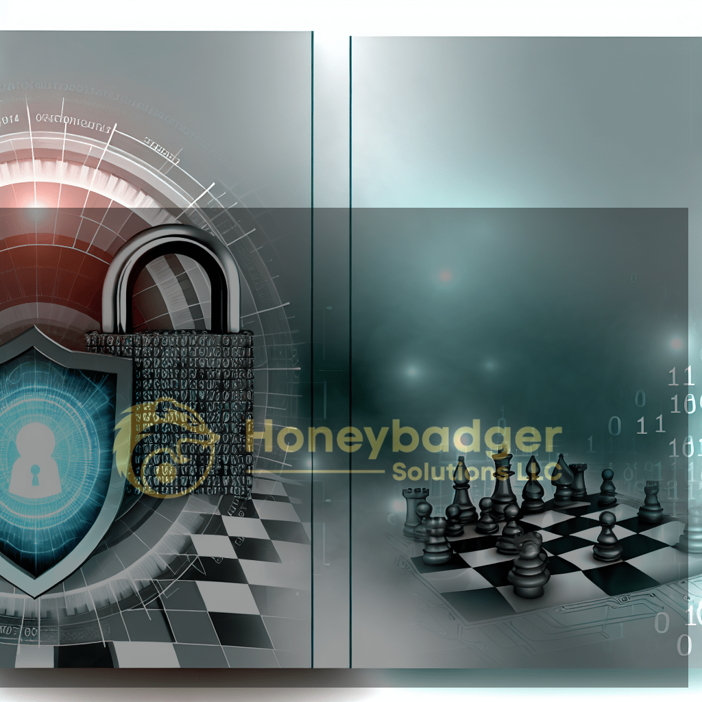 A digital lock with binary code overlay and a chessboard featuring chess pieces in a futuristic setting.