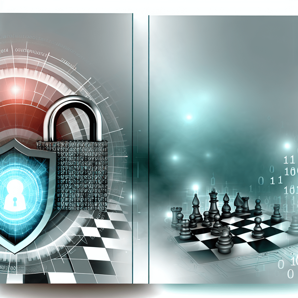 A digital lock with binary code overlay and a chessboard featuring chess pieces in a futuristic setting.