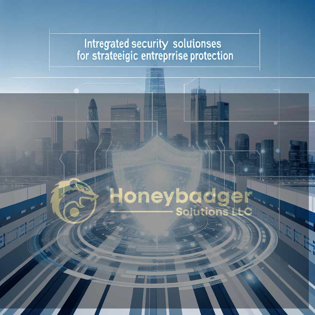 Digital representation of integrated security solutions with a shield and city skyline in the background.