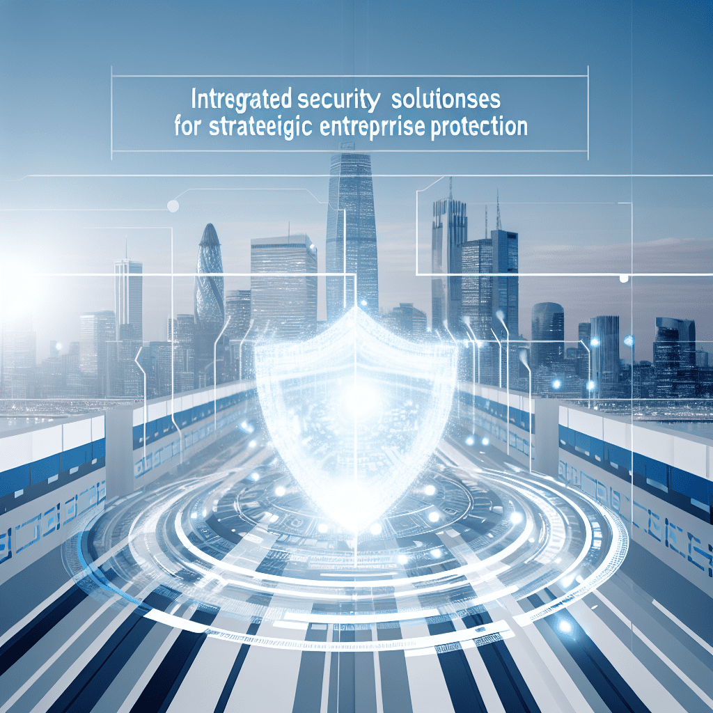 Digital representation of integrated security solutions with a shield and city skyline in the background.