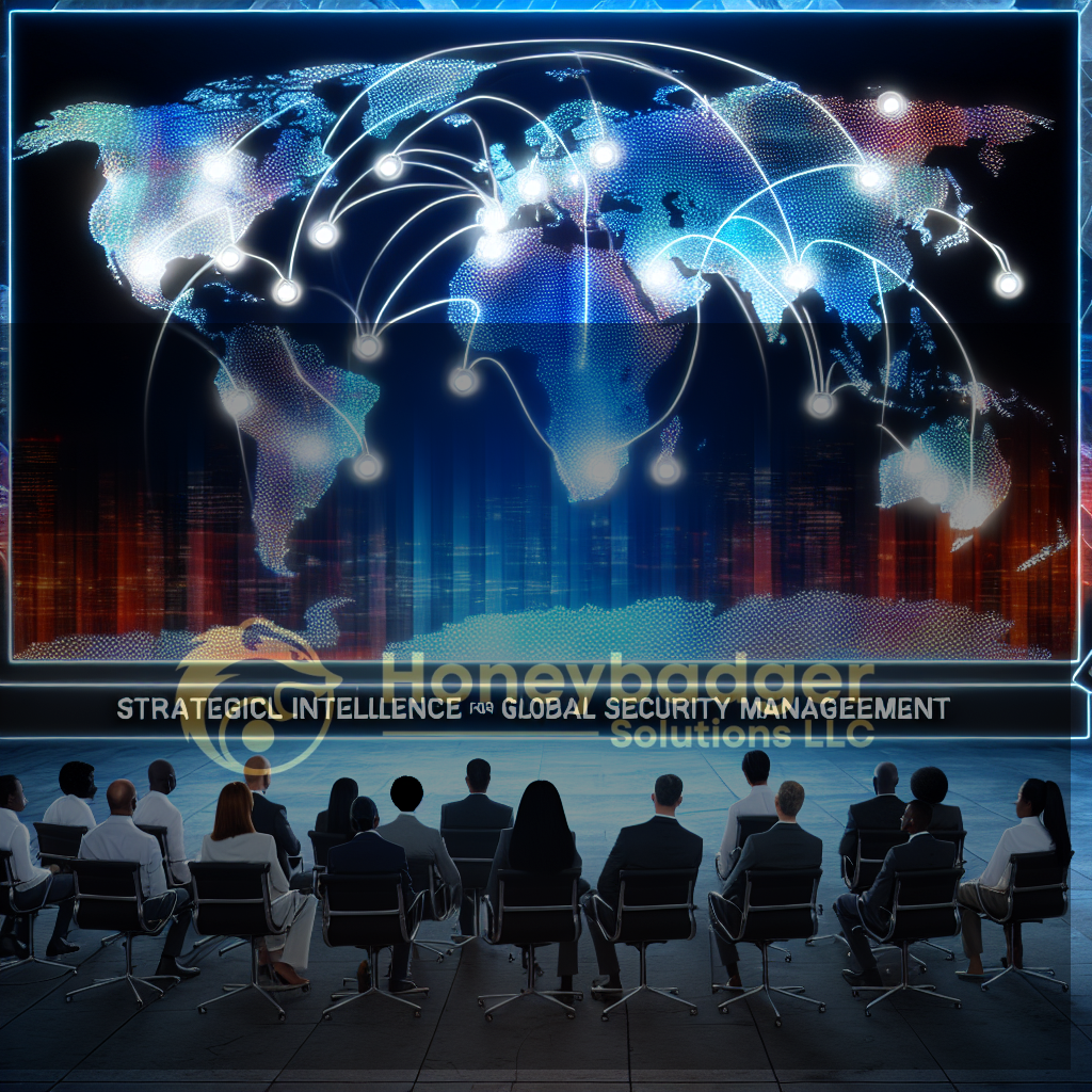 A group of individuals observing a digital map with connections for global security management.