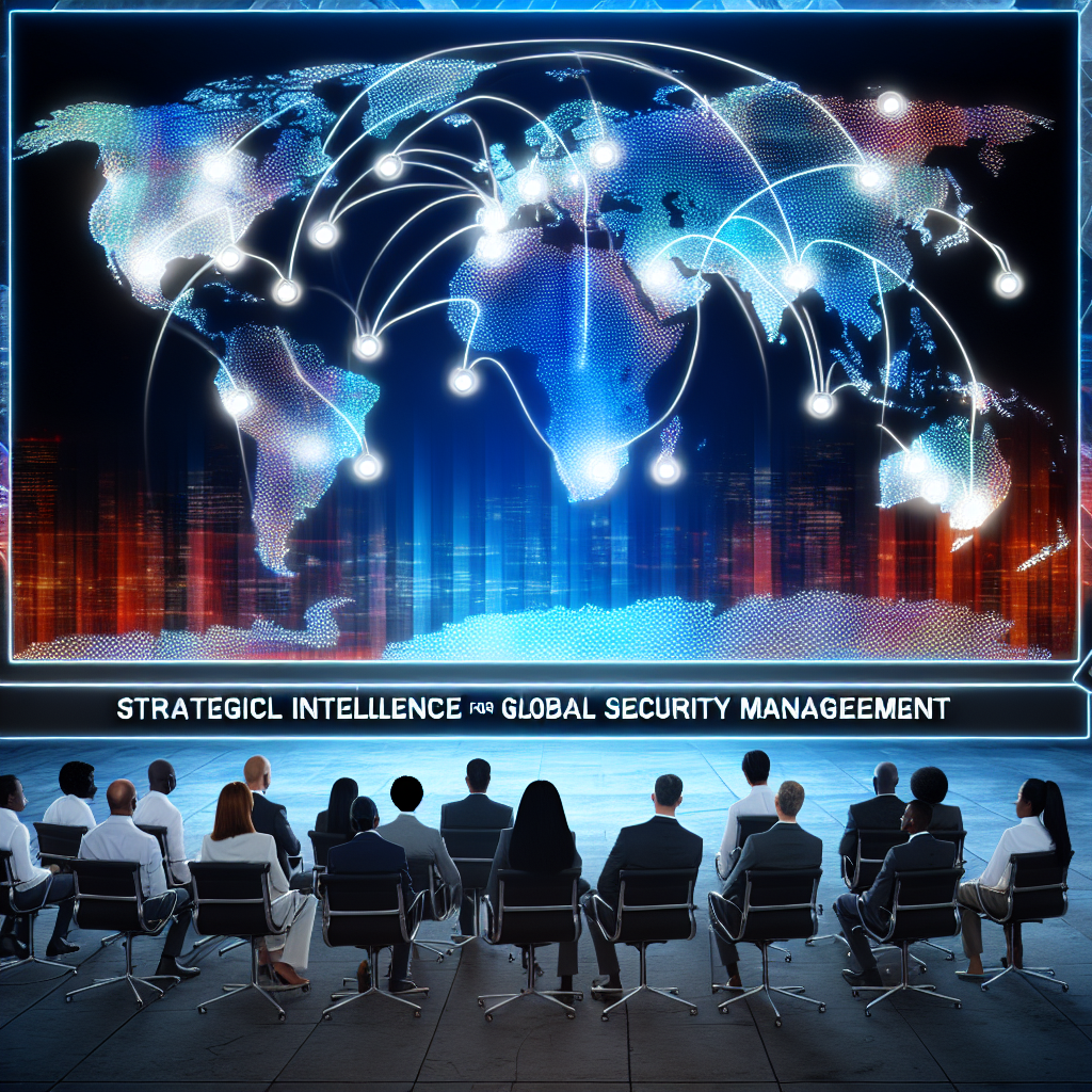 A group of individuals observing a digital map with connections for global security management.