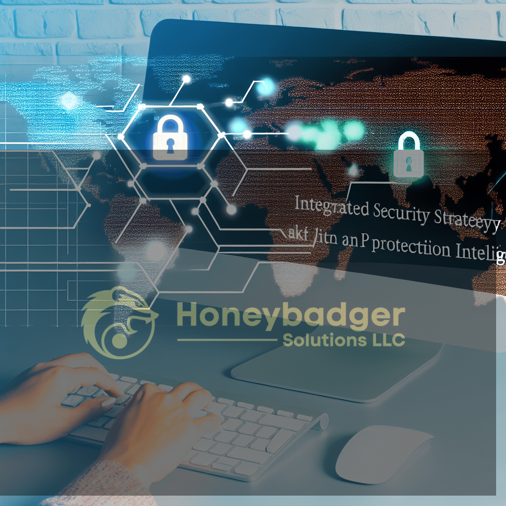 Computer screen showing an integrated security strategy with a world map and lock icons for cybersecurity.