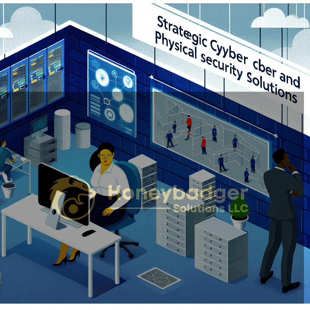 An office workspace illustrating strategic cyber and physical security solutions with a woman at a desk and security graphics on the wall.