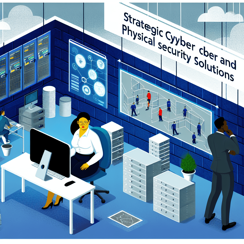 An office workspace illustrating strategic cyber and physical security solutions with a woman at a desk and security graphics on the wall.