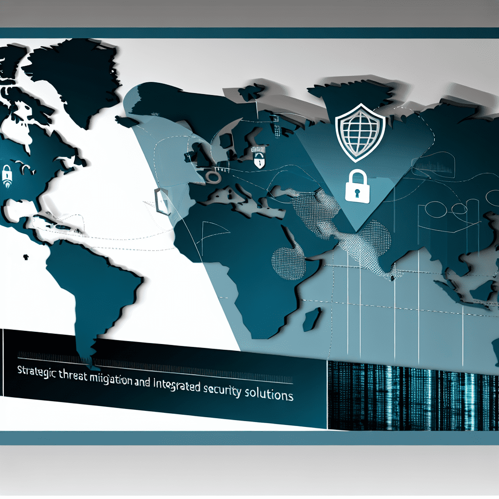 World map design featuring security icons and graphics for threat mitigation and integrated solutions.