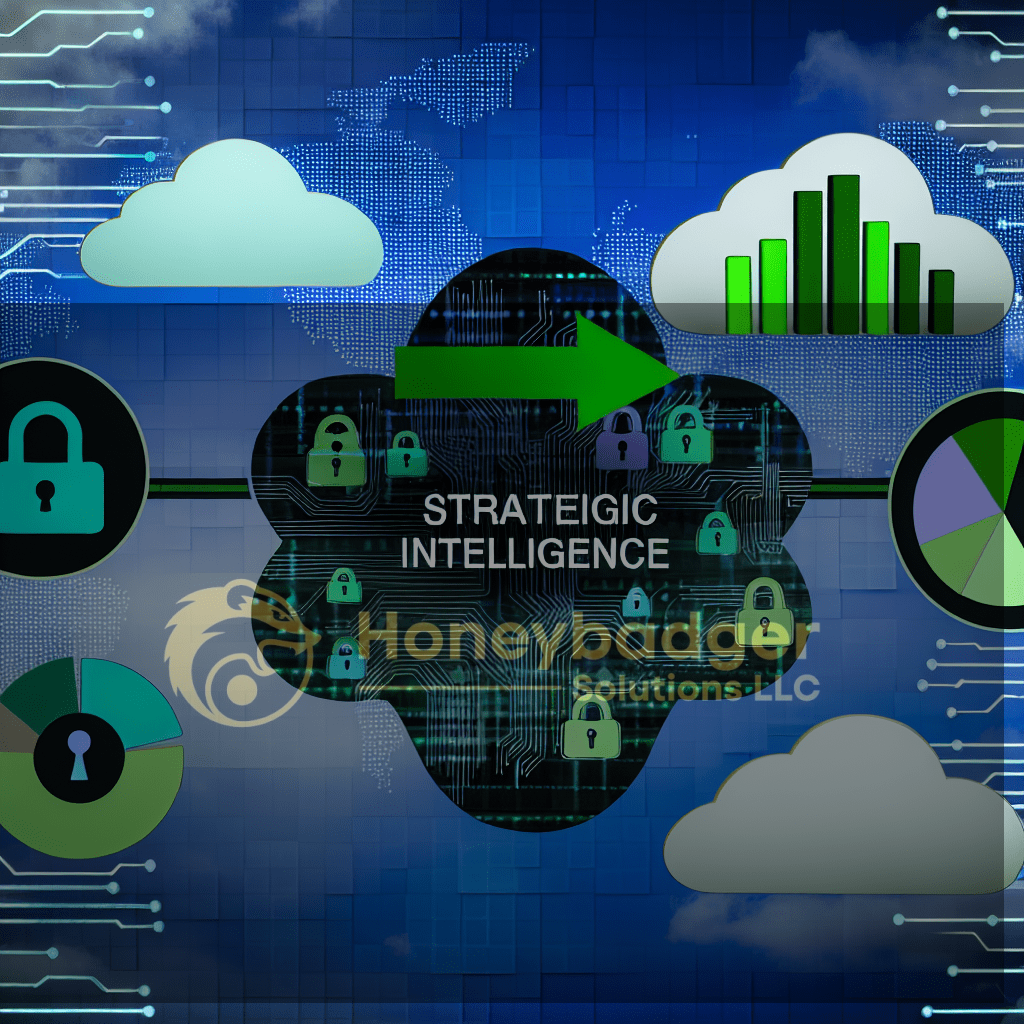 Graphic representation of strategic intelligence with cloud icons, data charts, and security symbols.
