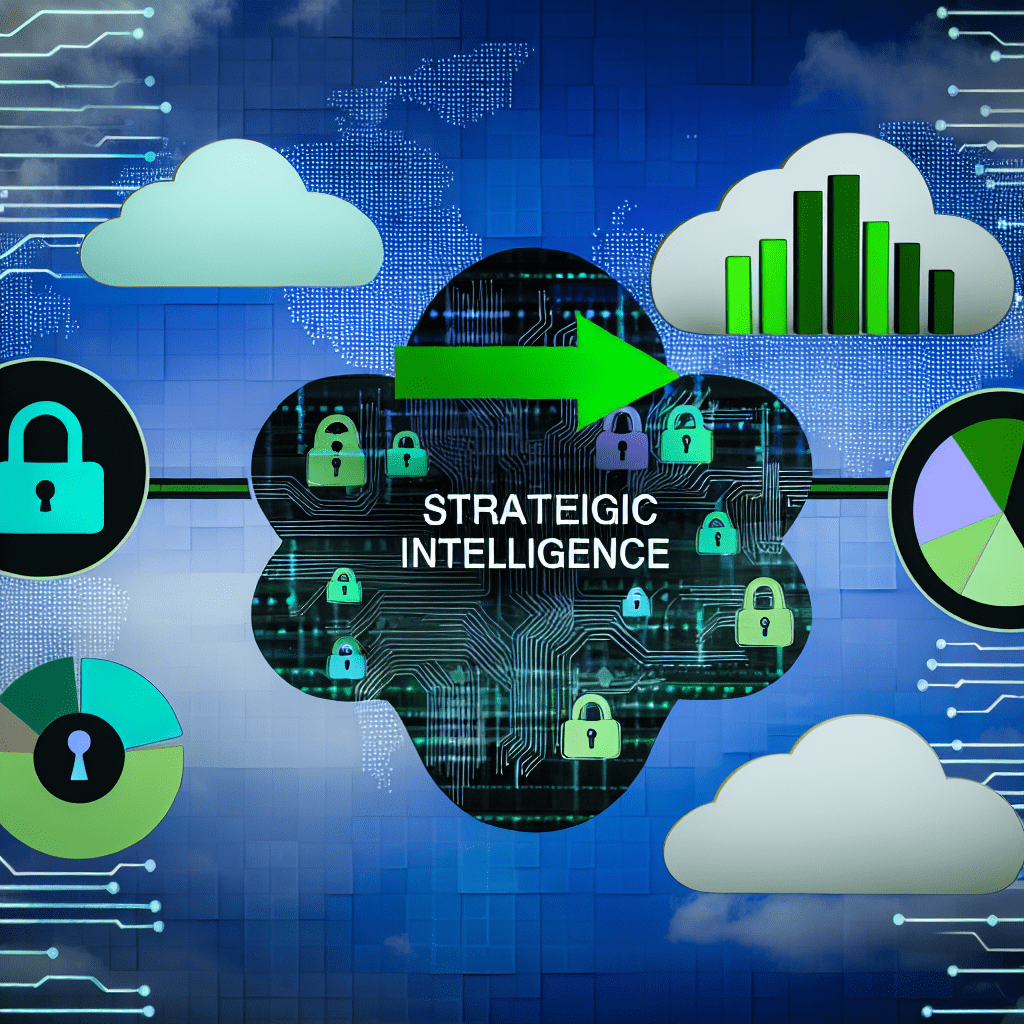 Graphic representation of strategic intelligence with cloud icons, data charts, and security symbols.