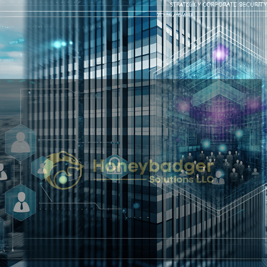 Digital representation of corporate security with abstract elements and building structures.