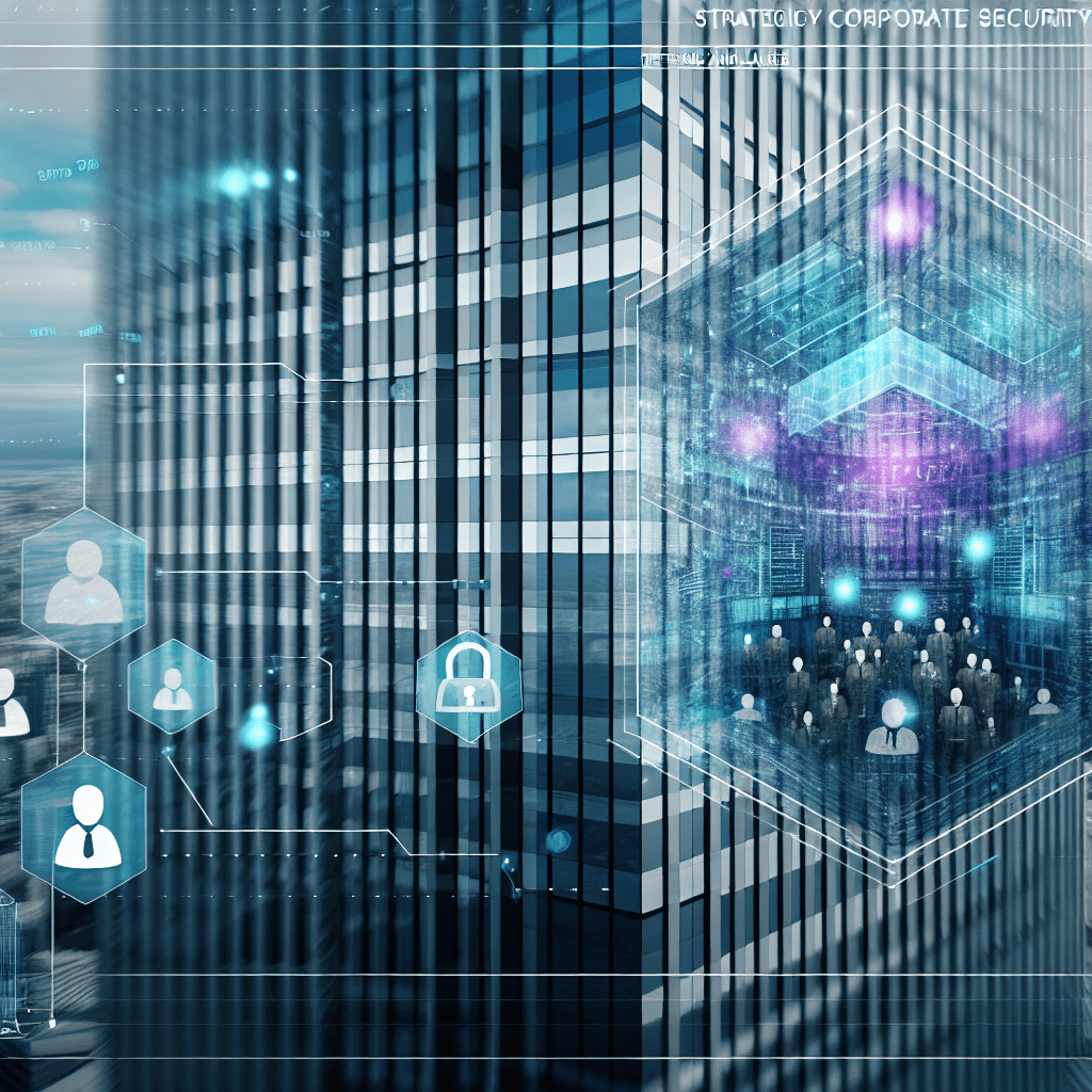 Digital representation of corporate security with abstract elements and building structures.