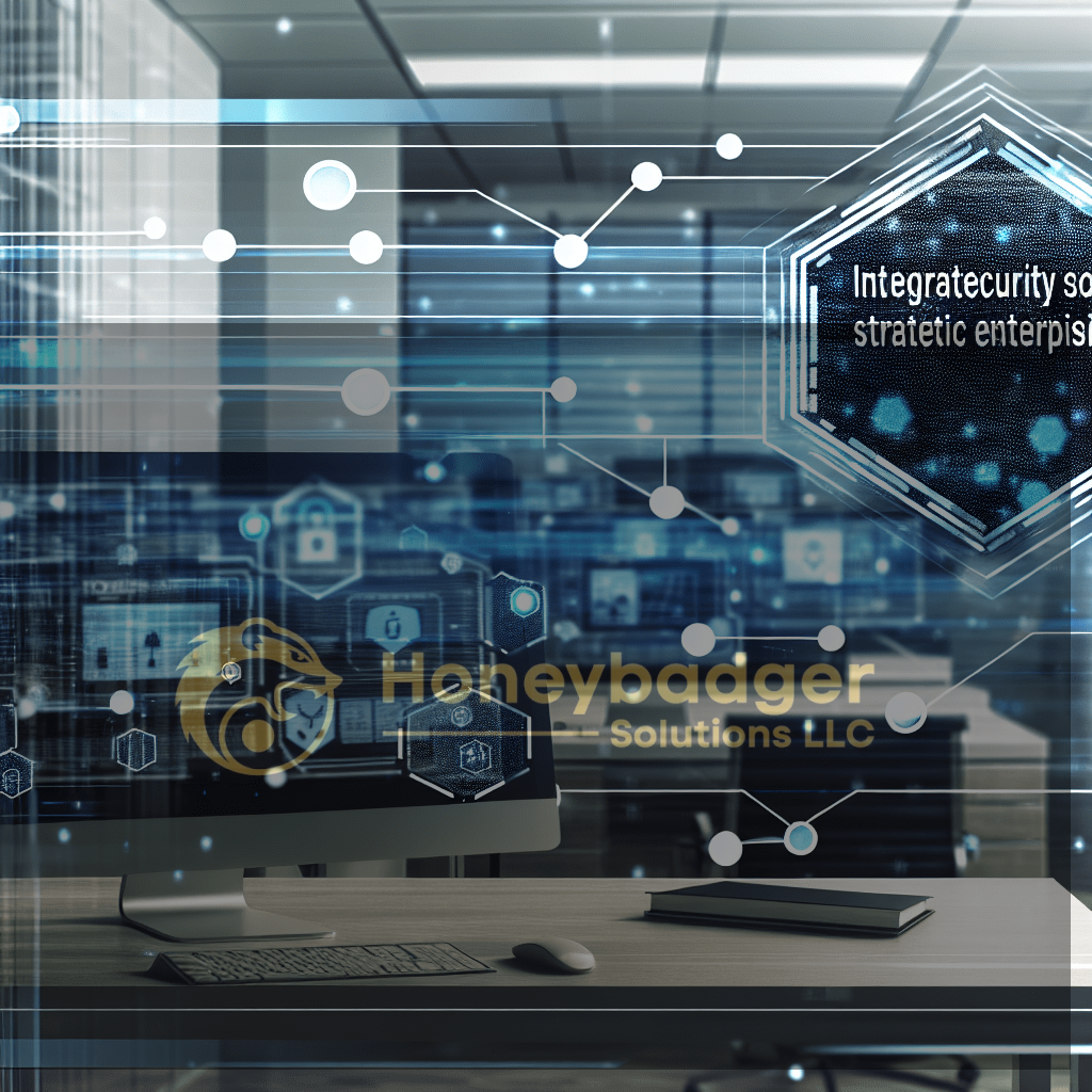 A computer workstation displaying data visualization and cybersecurity graphics in a modern office setting.