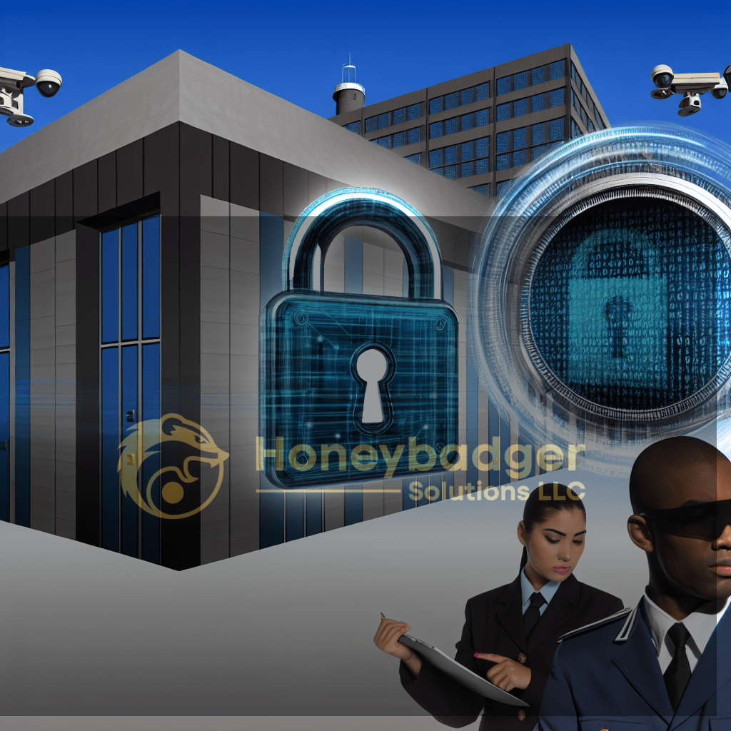 A digital lock symbol overlaid on a modern building with surveillance cameras and security personnel.