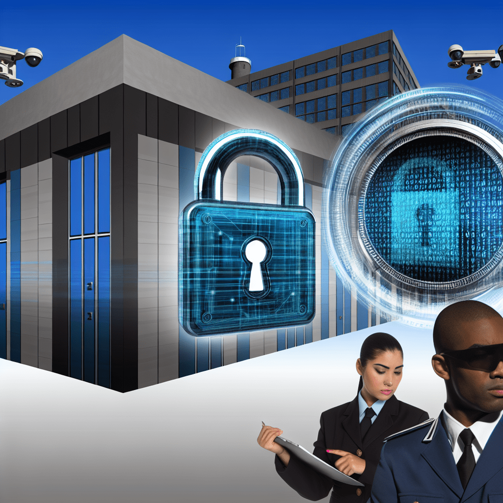 A digital lock symbol overlaid on a modern building with surveillance cameras and security personnel.