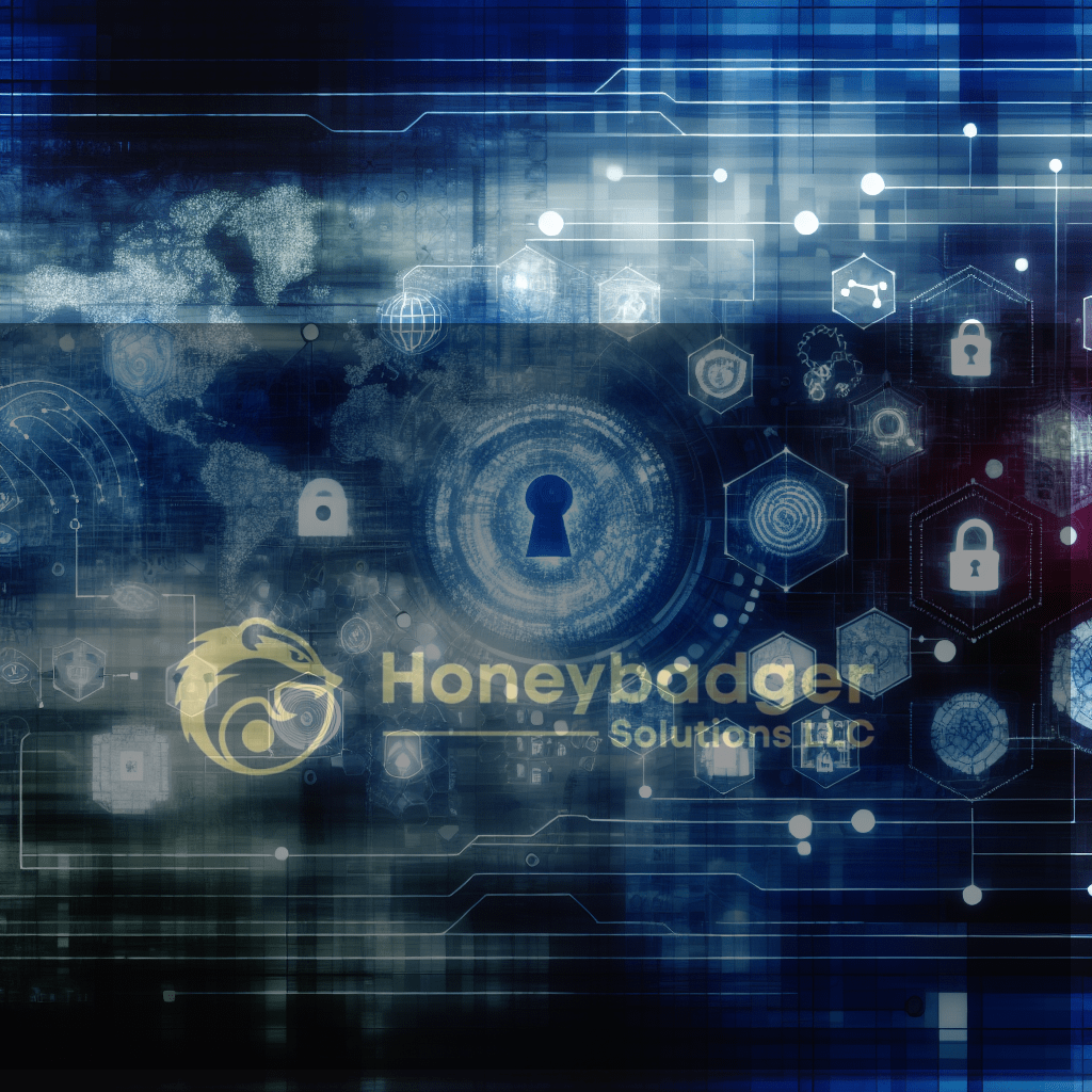 Abstract digital security concept featuring lock icons, hexagons, and a world map in a blue color scheme.