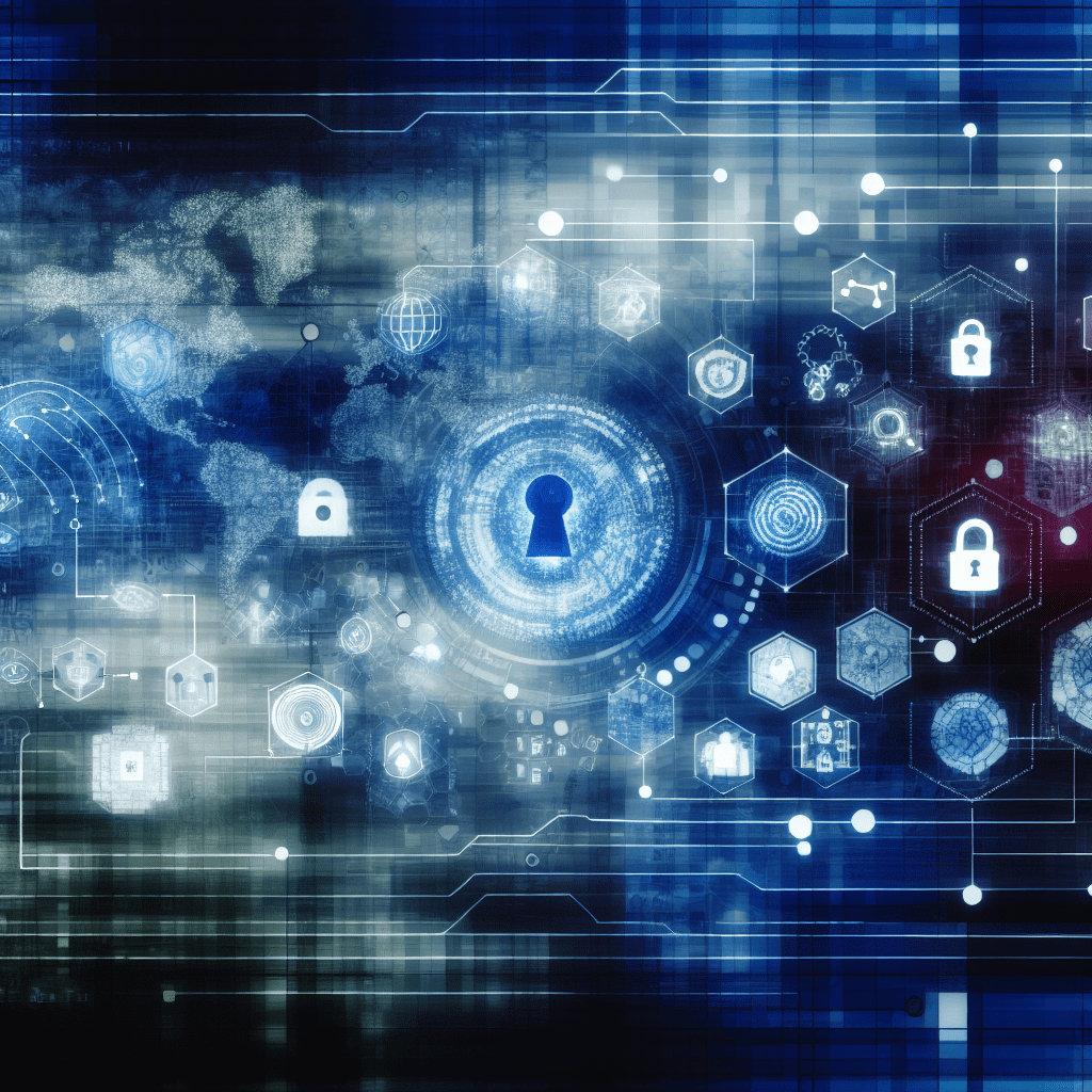 Abstract digital security concept featuring lock icons, hexagons, and a world map in a blue color scheme.