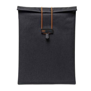 Black storage bag from GO DARK with an orange drawstring closure and logo on the front.
