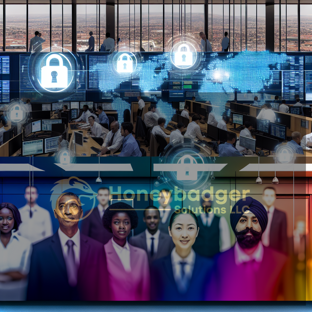 Diverse group of professionals in a high-tech operations center with holographic security icons and a world map display in blue tones