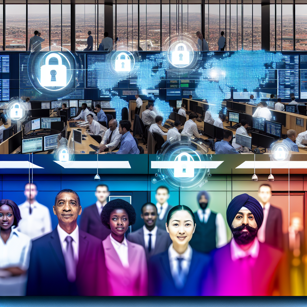 Diverse group of professionals in a high-tech operations center with holographic security icons and a world map display in blue tones