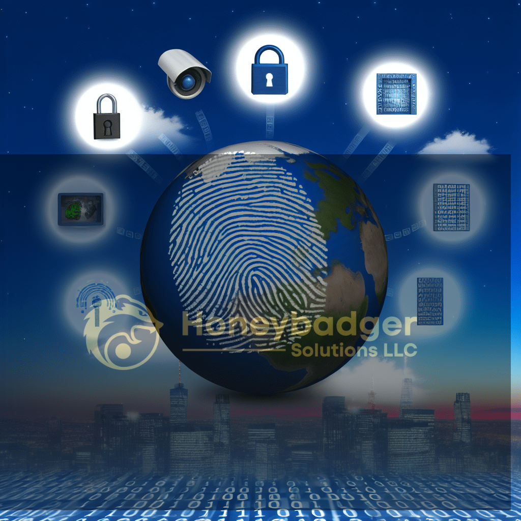Blue globe featuring a fingerprint pattern surrounded by floating security icons such as a padlock, camera, and digital glyphs, illustrating online security concepts
