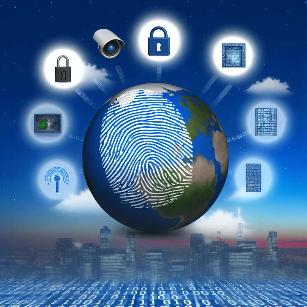Blue globe featuring a fingerprint pattern surrounded by floating security icons such as a padlock, camera, and digital glyphs, illustrating online security concepts