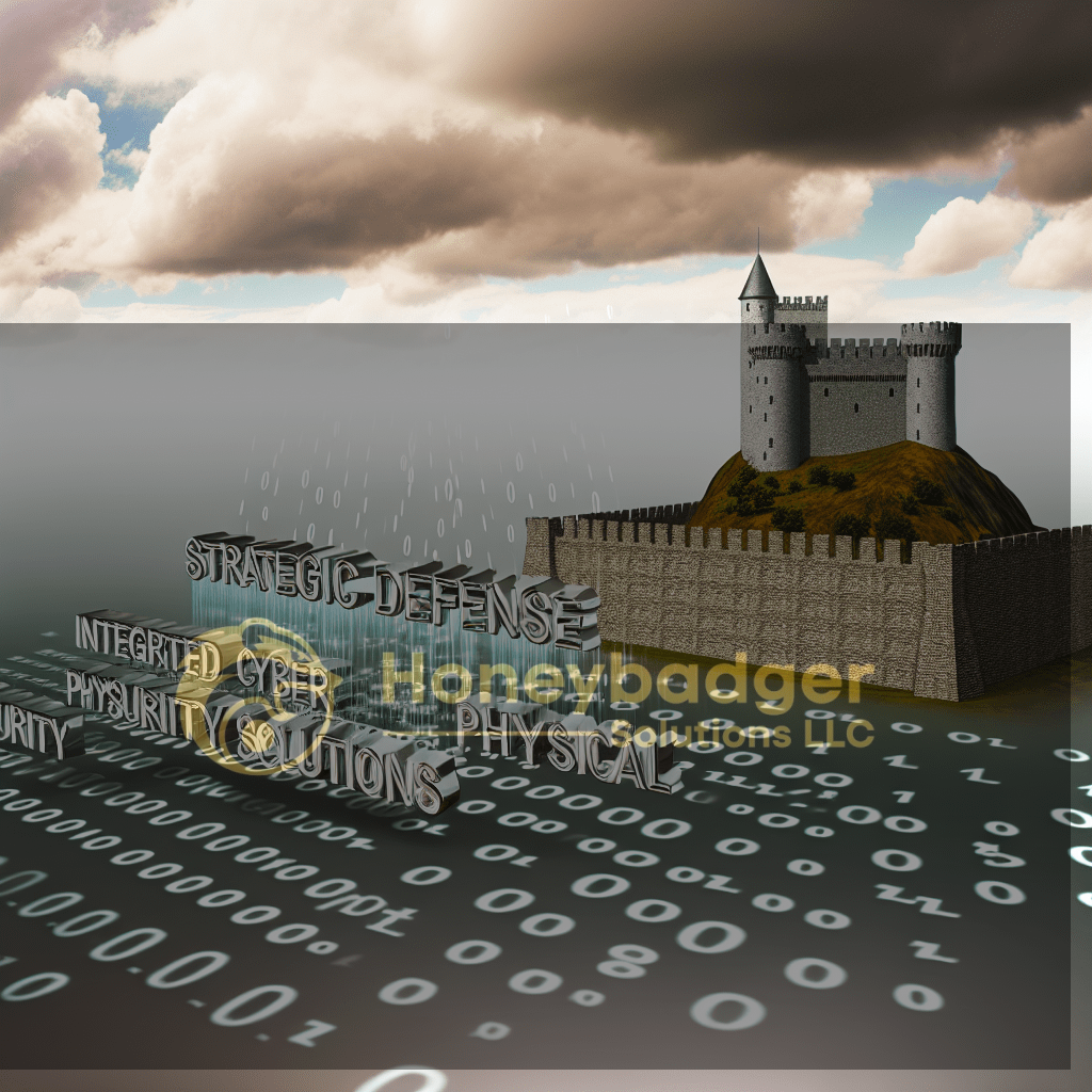 A digital illustration of a castle fortress on a hill behind a stone wall, with dark clouds and rain, and cascading binary text including 'Strategic Defense' and cybersecurity terms.