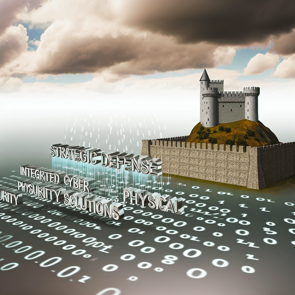 A digital illustration of a castle fortress on a hill behind a stone wall, with dark clouds and rain, and cascading binary text including 'Strategic Defense' and cybersecurity terms.