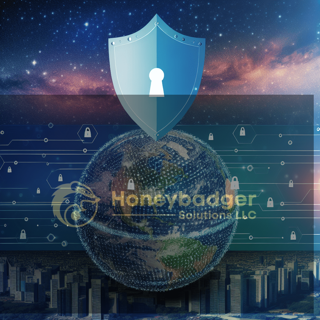 Blue shield above a glowing globe with digital lock icons and network lines, symbolizing cyber security and global data protection in a starry cyberspace scene