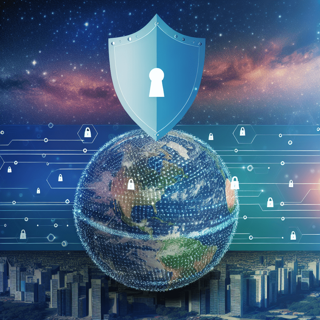 Blue shield above a glowing globe with digital lock icons and network lines, symbolizing cyber security and global data protection in a starry cyberspace scene