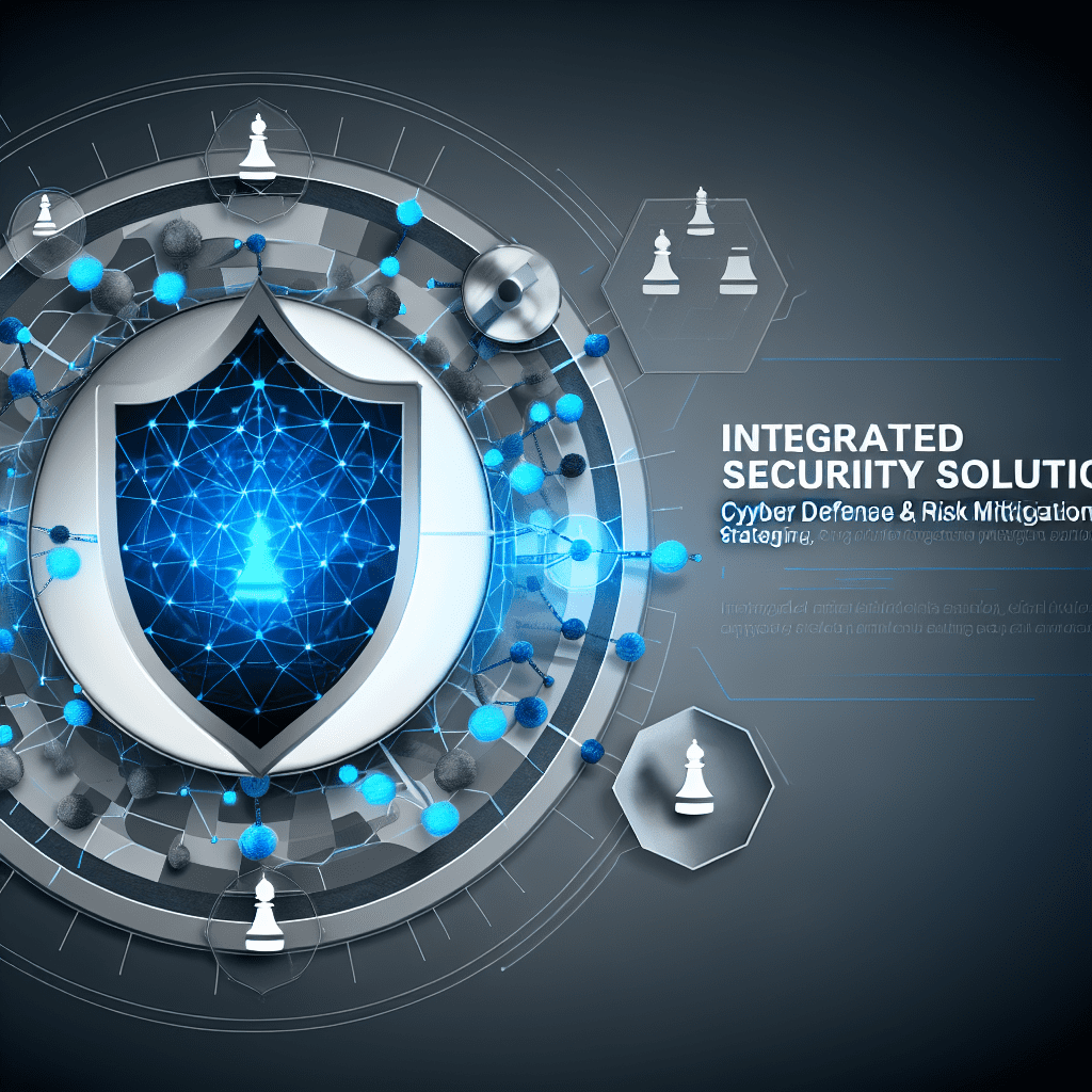 A blue glowing shield at the center surrounded by interconnected nodes and circular tech motifs, representing integrated security and cyber defense.