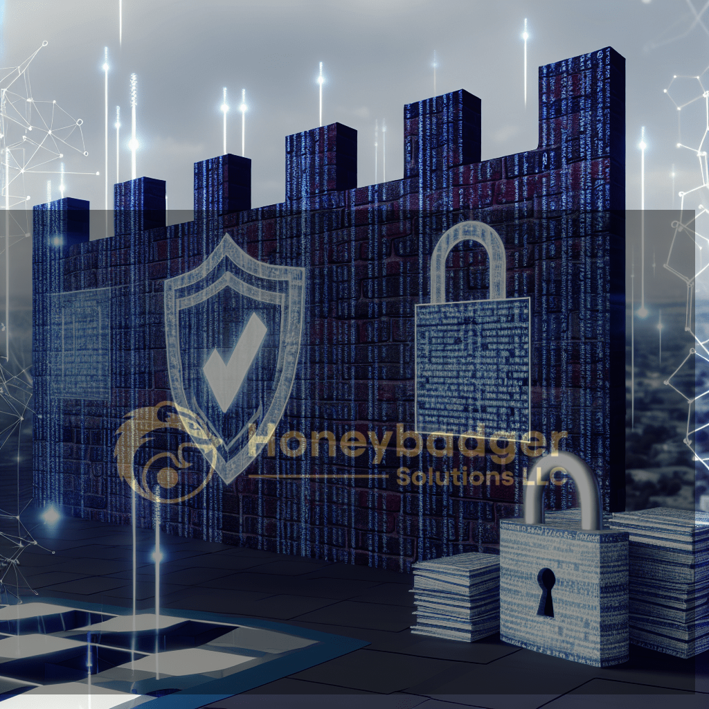Blue digital fortress with glowing shield emblem and padlock, illustrating cybersecurity and risk mitigation concepts for Honeybadger Solutions LLC article on strategic risk management