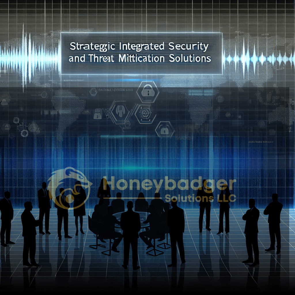 Group of silhouettes in a high-tech conference room with a blue digital backdrop and the title Strategic Integrated Security and Threat Mitigation Solutions, representing a security strategy session