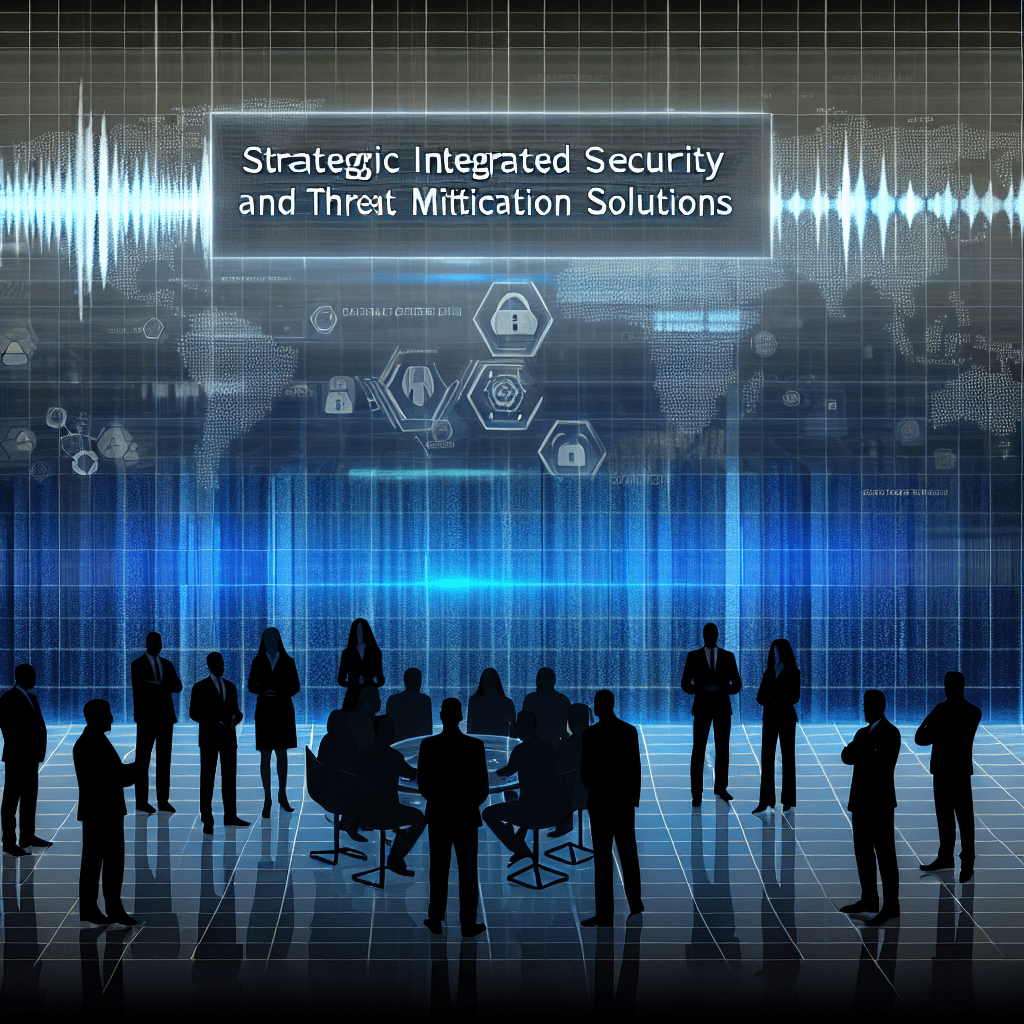 Group of silhouettes in a high-tech conference room with a blue digital backdrop and the title Strategic Integrated Security and Threat Mitigation Solutions, representing a security strategy session