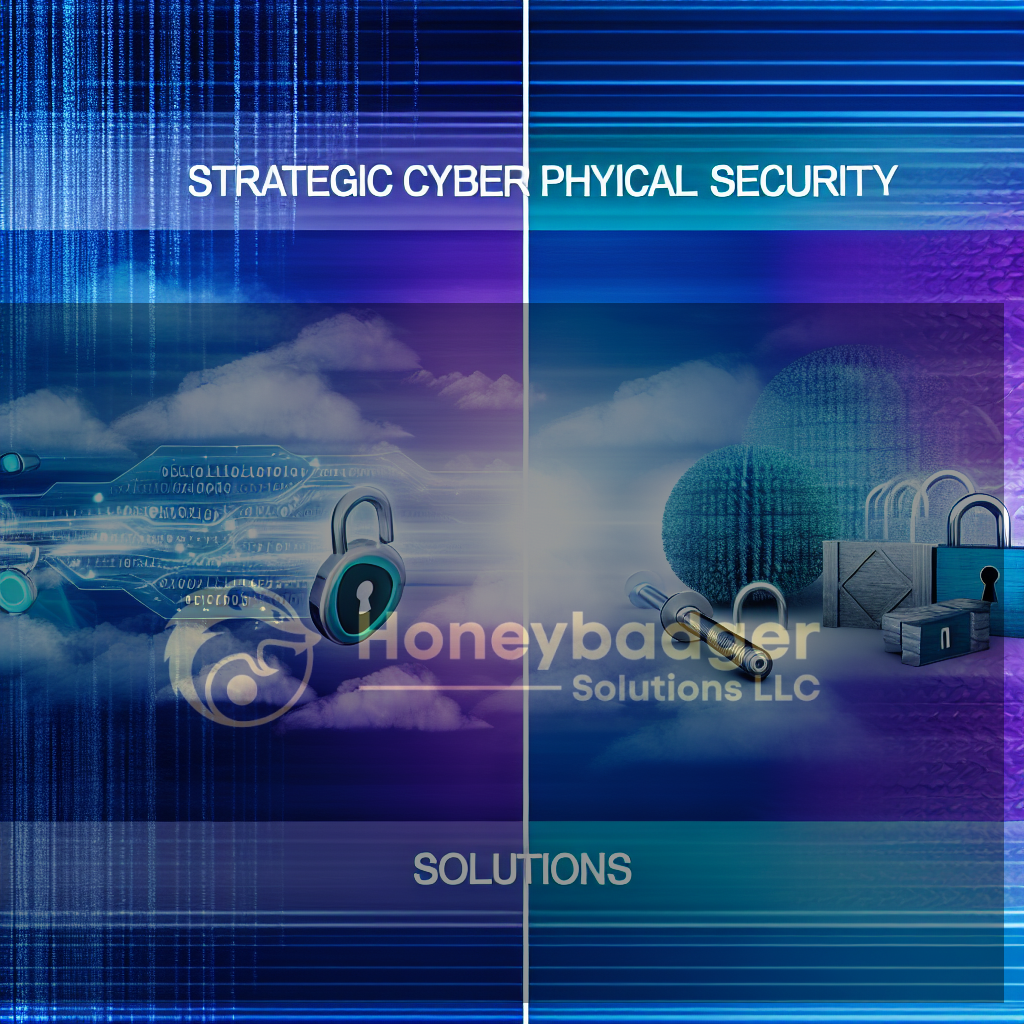 Honeybadger Solutions LLC banner image depicting blue gradient split design with digital security elements, padlocks, keys and cloud motifs representing integrated cyber and physical security